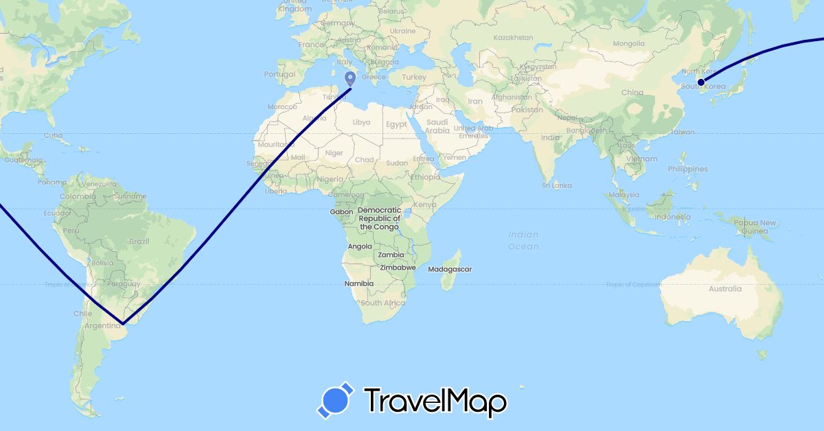 TravelMap itinerary: driving in Argentina, South Korea, Malta (Asia, Europe, South America)